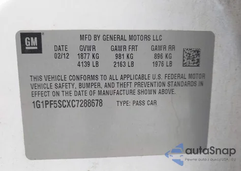 2012 Chevrolet Cruze 1Lt z USA, uszkodzony, nr VIN 1G1PF5SCXC7288678